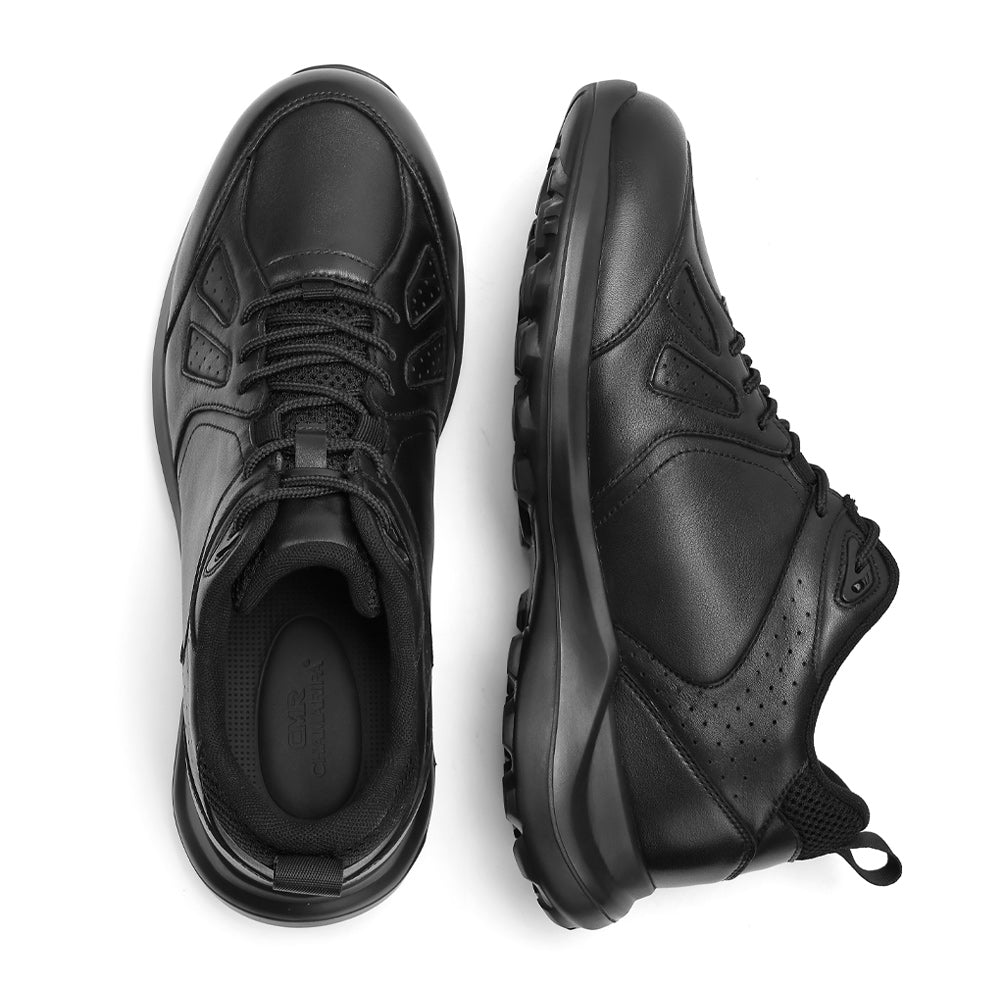 8cm/3.15in CMR Chamaripa Men's Wide Height Increasing Shoes | Black Leather Men's Elevator Sneakers