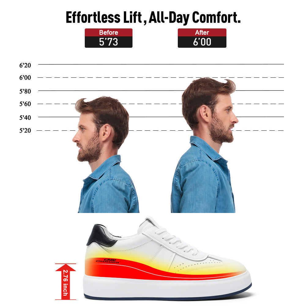 7CM / 2.76 Inches CMR CHAMARIPA Wide Fit Elevator Sneakers | White Leather Wide Width Shoes that add Height