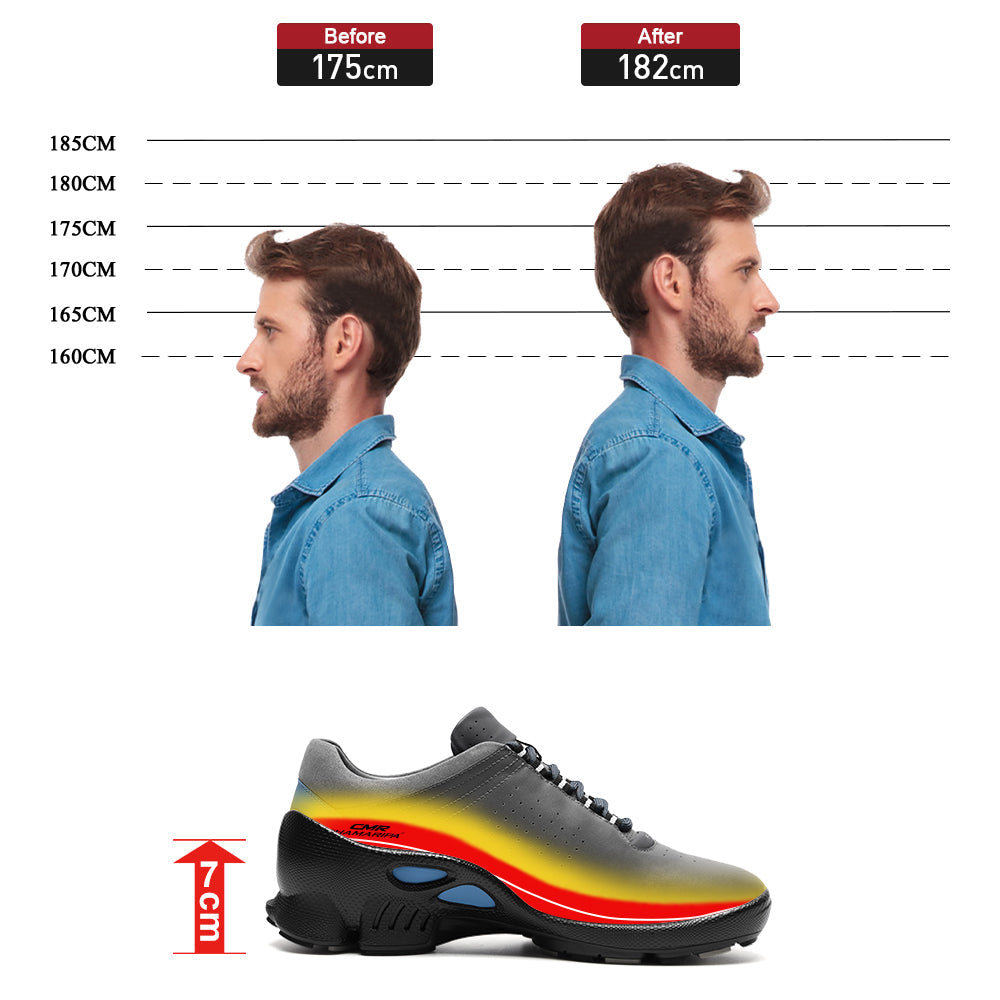 7CM / 2.76 Inches CMR CHAMARIPA Men's Elevator Sports Shoes | Grey Breathable Leather Height Boosting Sneakers