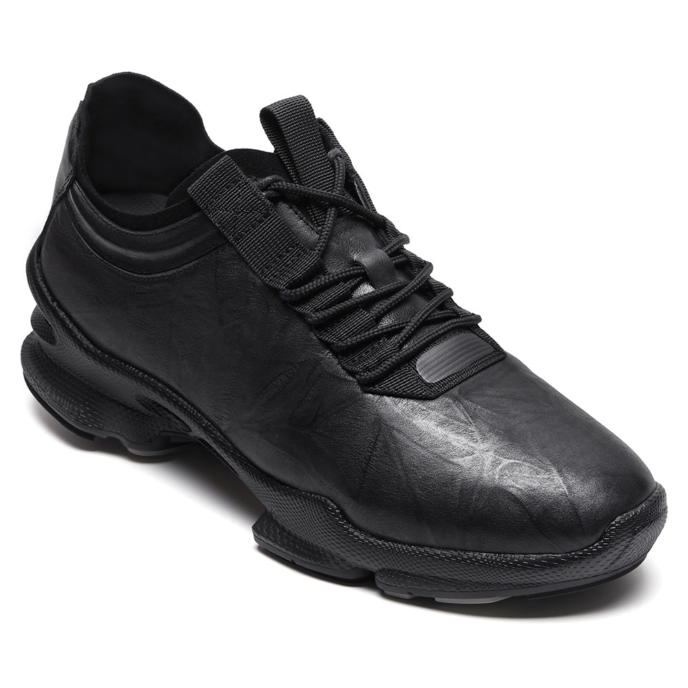 7CM / 2.76 Inches CMR CHAMARIPA Men's Raised Heel Shoes | Black Leather Casual Elevator Sneakers