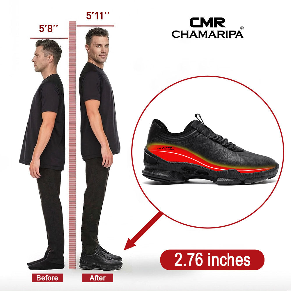 7CM / 2.76 Inches CMR CHAMARIPA Men's Raised Heel Shoes | Black Leather Casual Elevator Sneakers