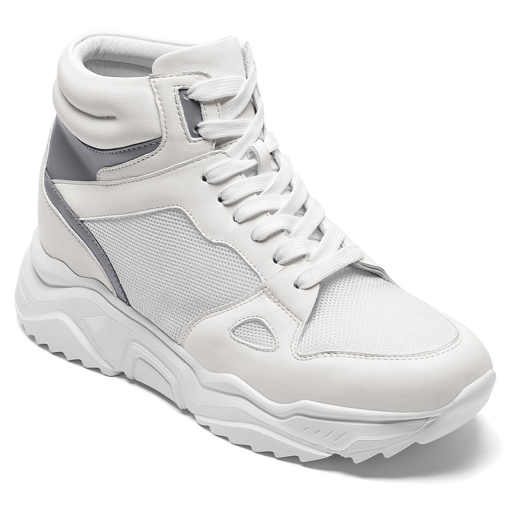 8CM / 3.15 Inches CMR CHAMARIPA High Top Elevator Shoes For Men | White Leather Height Increasing Sneakers