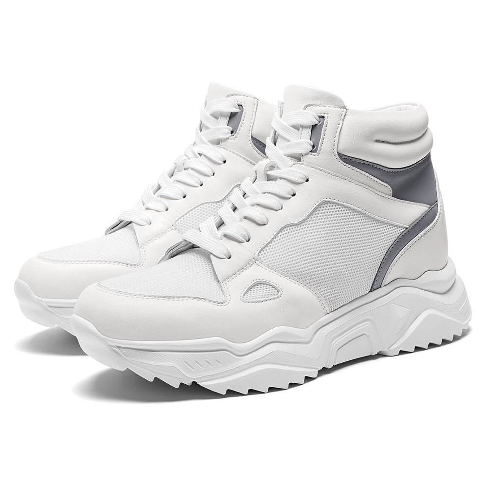 8CM / 3.15 Inches CMR CHAMARIPA High Top Elevator Shoes For Men | White Leather Height Increasing Sneakers