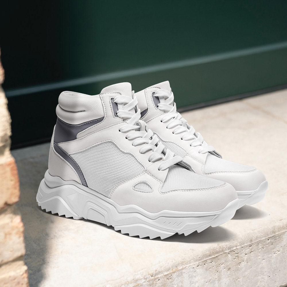 8CM / 3.15 Inches CMR CHAMARIPA High Top Elevator Shoes For Men | White Leather Height Increasing Sneakers