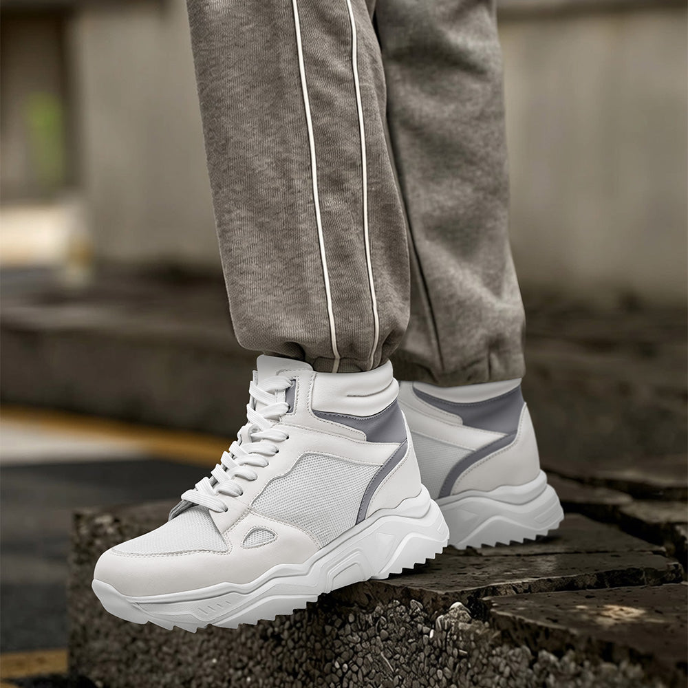 8CM / 3.15 Inches CMR CHAMARIPA High Top Elevator Shoes For Men | White Leather Height Increasing Sneakers