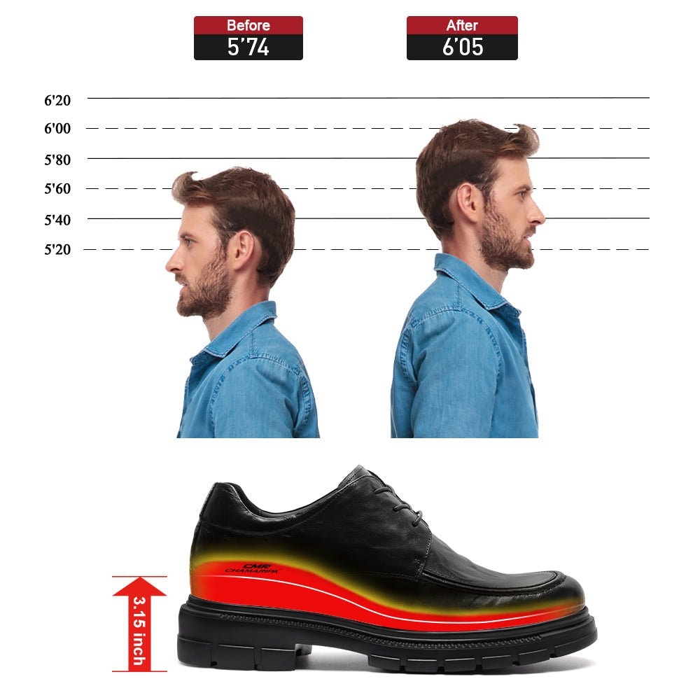 8CM / 3.15 Inches CMR CHAMARIPA Elevator Dress Shoes For Men | Black Leather Business Casual Shoes