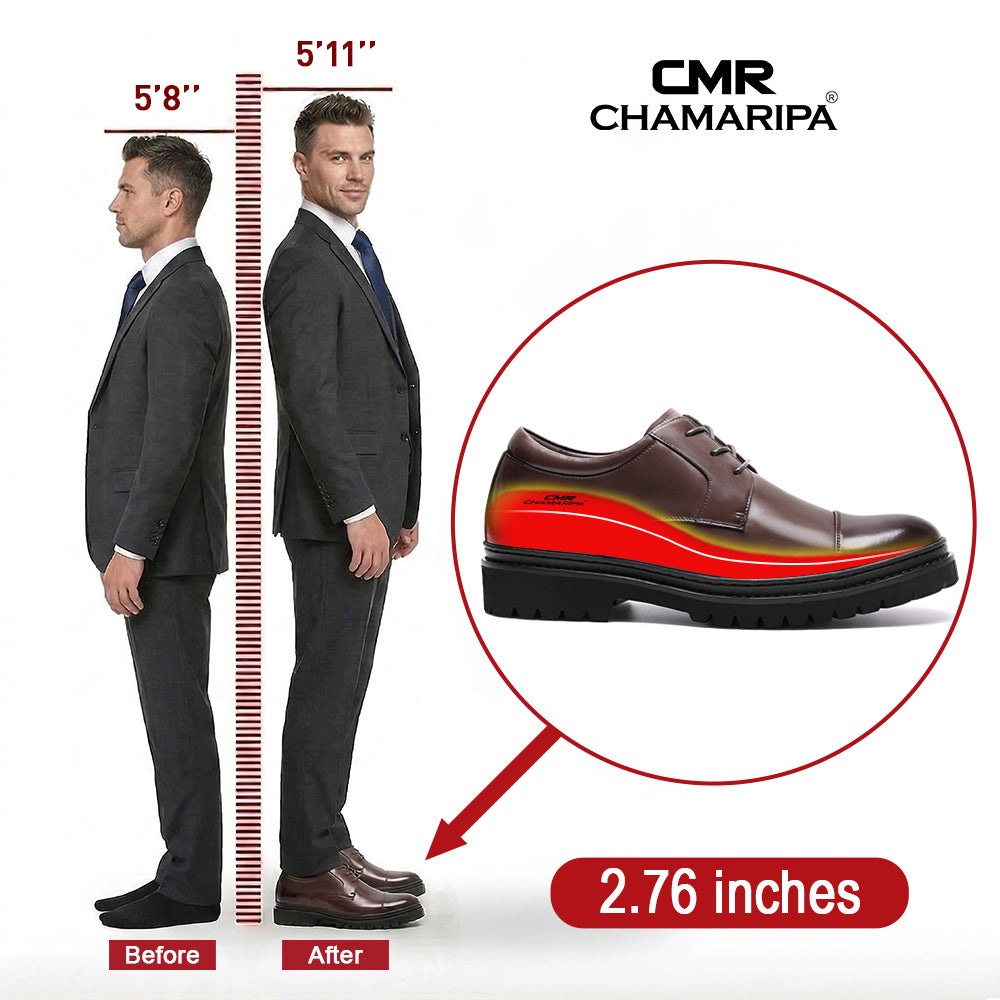 7CM / 2.76 Inches CHAMARIPA Men’s Elevator Dress Shoes | Brown Leather Derby Shoes