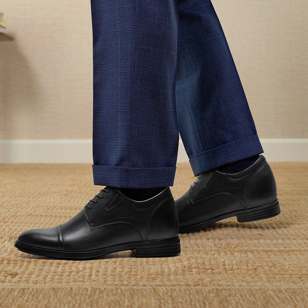 8CM / 3.15 Inches CMR CHAMARIPA Men's Elevator Dress Shoes | Black Leather Formal Cap Toe Derby Shoes