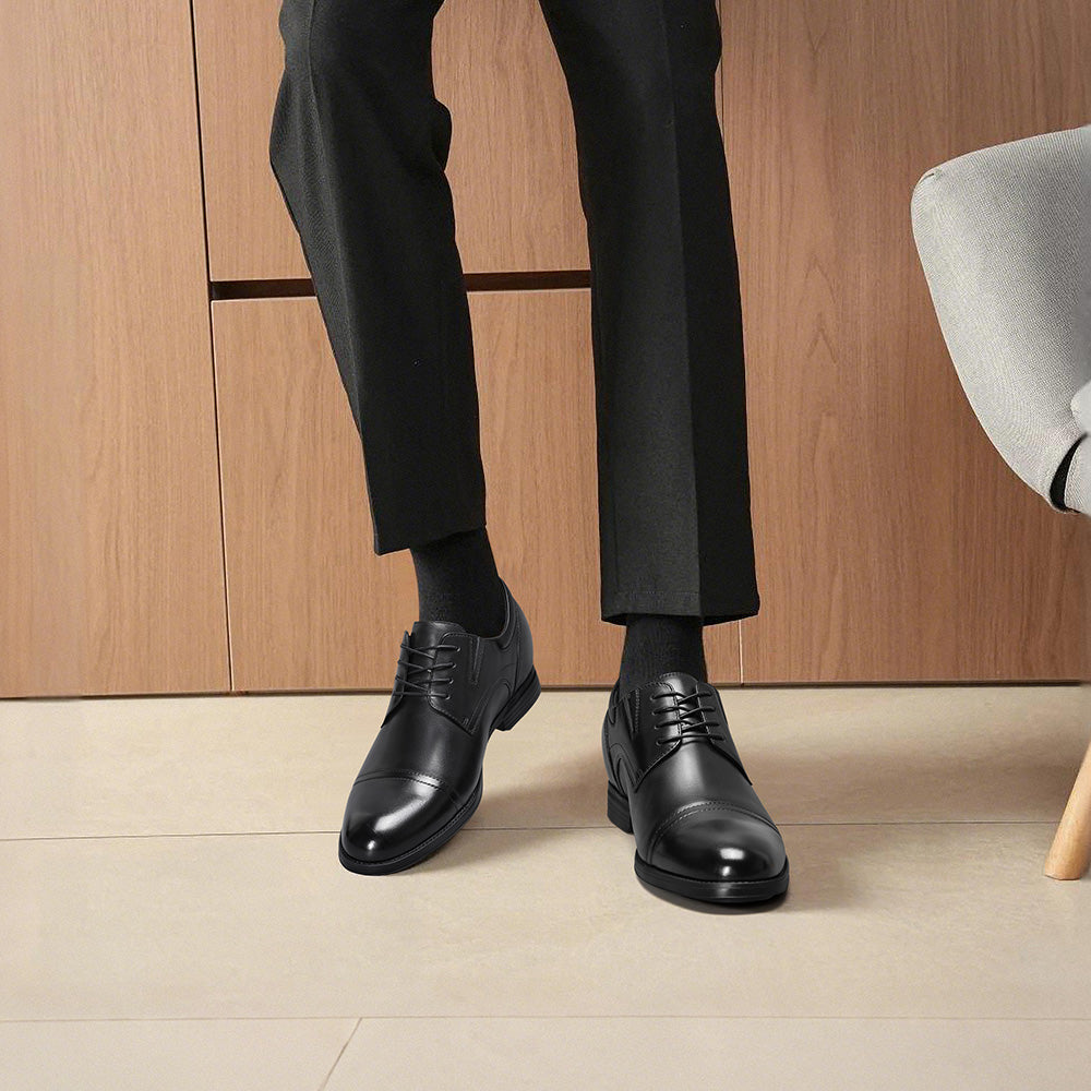 8CM / 3.15 Inches CMR CHAMARIPA Men's Elevator Dress Shoes | Black Leather Formal Cap Toe Derby Shoes
