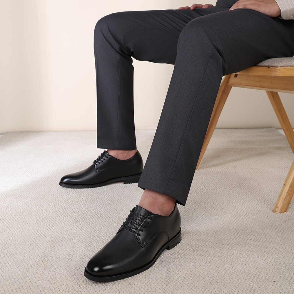 7 CM / 2.76 Inches CMR CHAMARIPA Mens Raised Shoes | Black Leather Plain Toe Derby Shoes