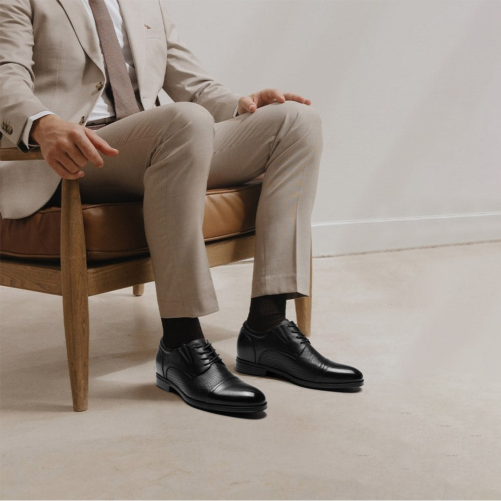 7 CM / 2.76 Inches CMR CHAMARIPA Men Height Increasing Shoes | Black Leather Cap-Toe Derby Shoes