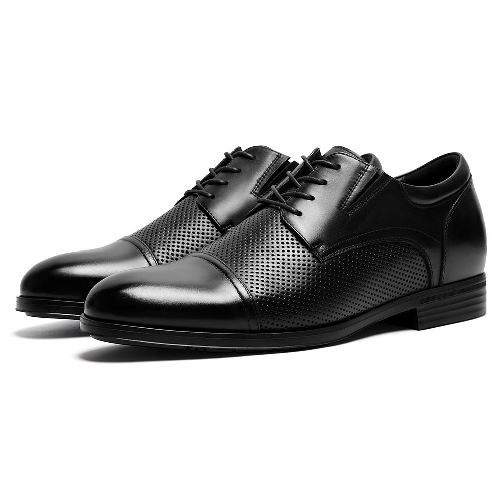 7 CM / 2.76 Inches CMR CHAMARIPA Men Height Increasing Shoes | Black Leather Cap-Toe Derby Shoes