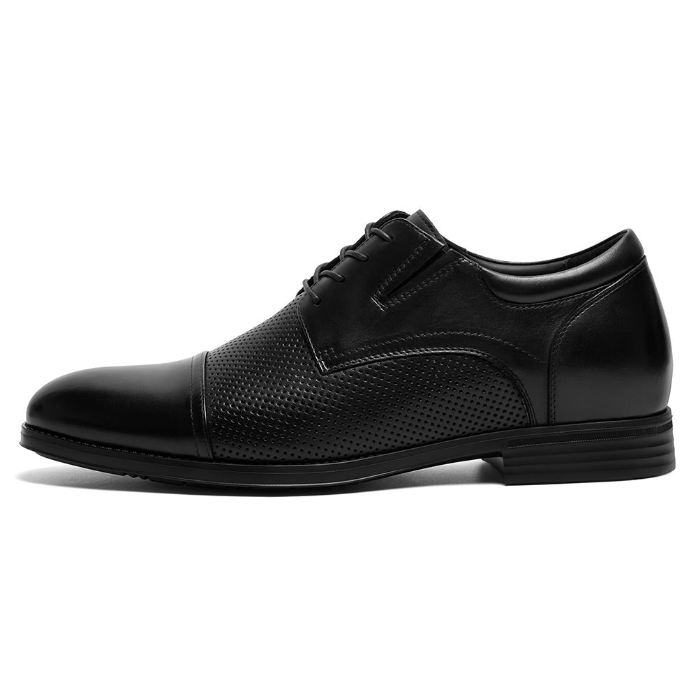 7 CM / 2.76 Inches CMR CHAMARIPA Men Height Increasing Shoes | Black Leather Cap-Toe Derby Shoes