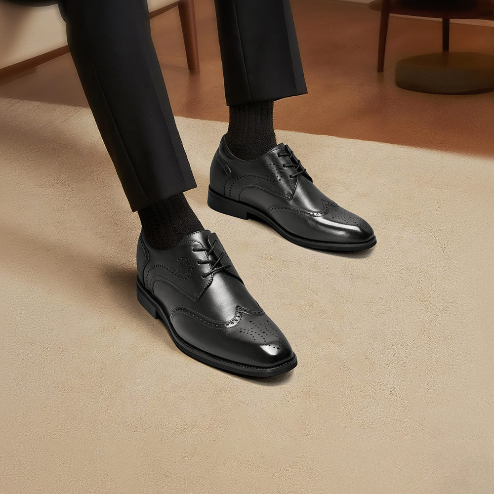7CM / 2.76 Inches CMR CHAMARIPA Men's Height-Increasing Dress Shoes - Black Leather Wingtip Brogue Derby