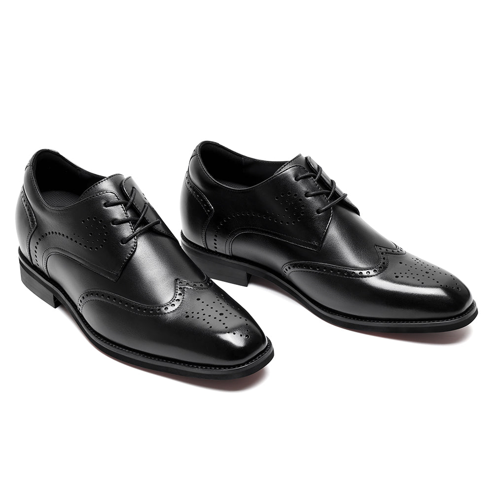 7CM / 2.76 Inches CMR CHAMARIPA Men's Height-Increasing Dress Shoes - Black Leather Wingtip Brogue Derby