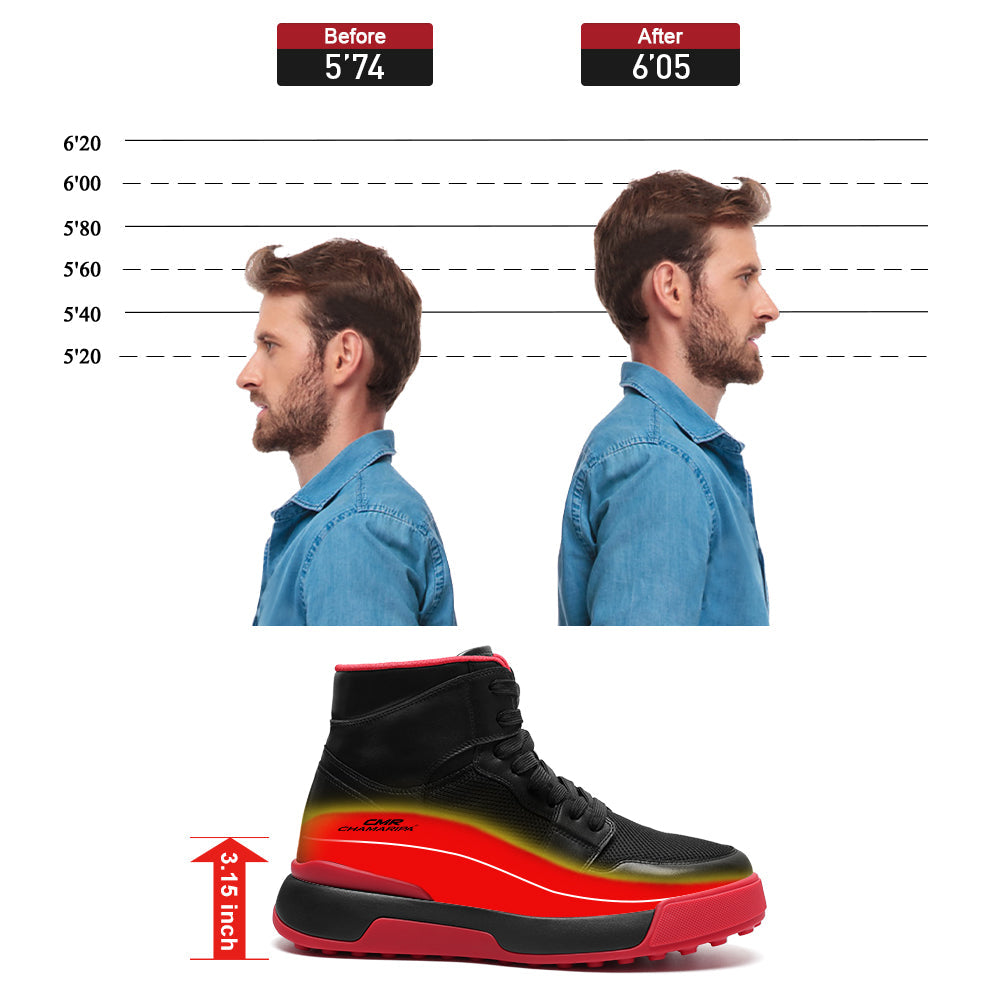 8CM / 3.15 Inches CMR CHAMARIPA Elevator Shoes For Men | Black Mesh Height Increasing Sneakers