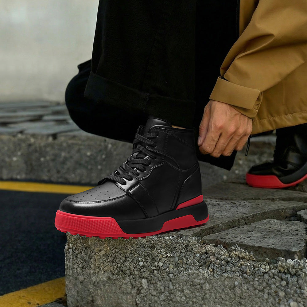 10CM / 3.94 Inches CMR CHAMARIPA Men's Height Increasing Sneakers | Black Leather High-Top Sneakers