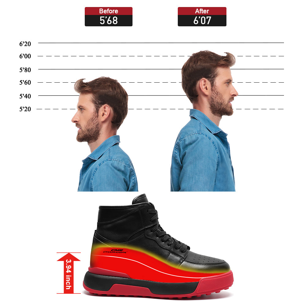 10CM / 3.94 Inches CMR CHAMARIPA Men's Height Increasing Sneakers | Black Leather High-Top Sneakers