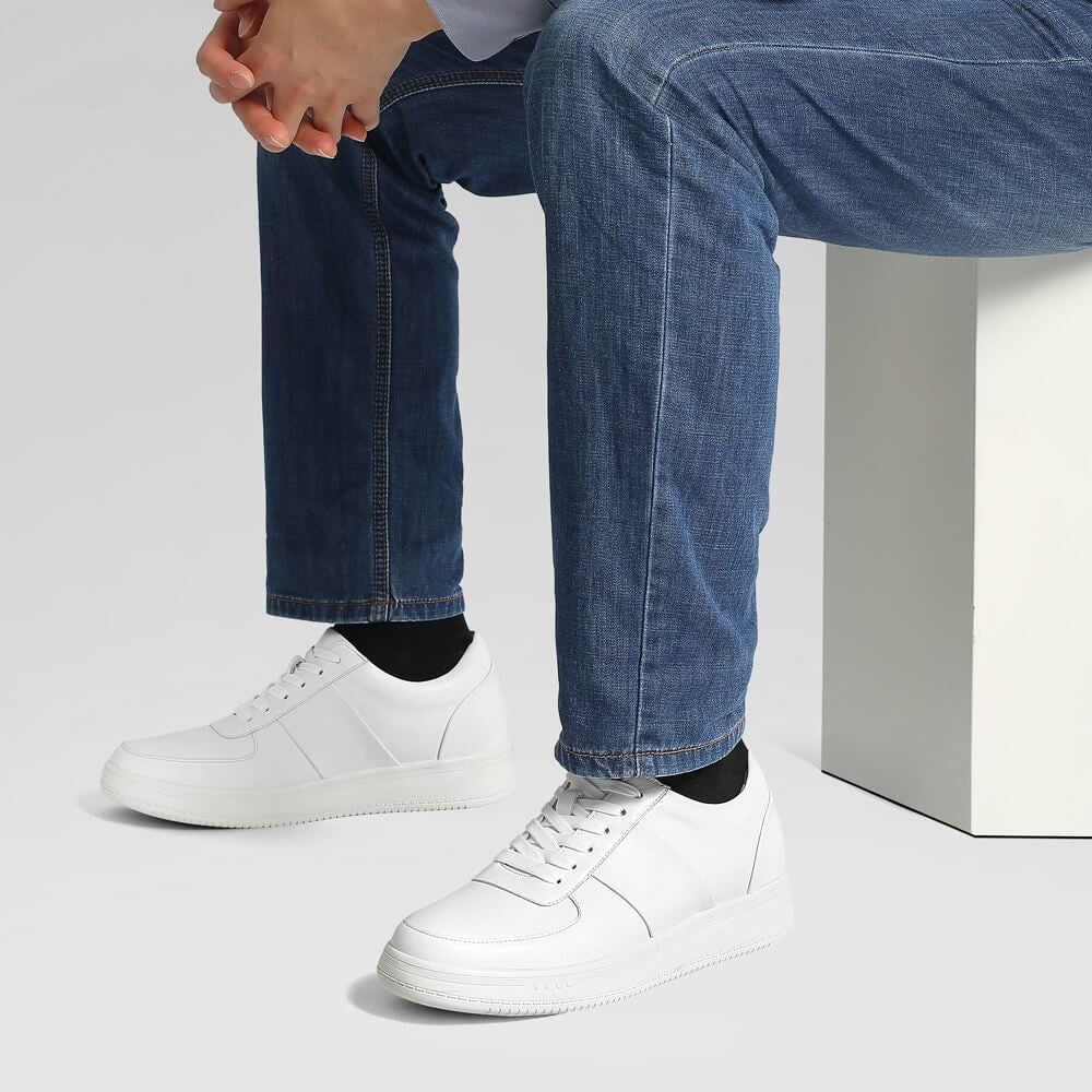 6 CM/2.36 Inches CMR CHAMARIPA Men's Casual Elevator Shoes - White Cowhide Leather Sneakers