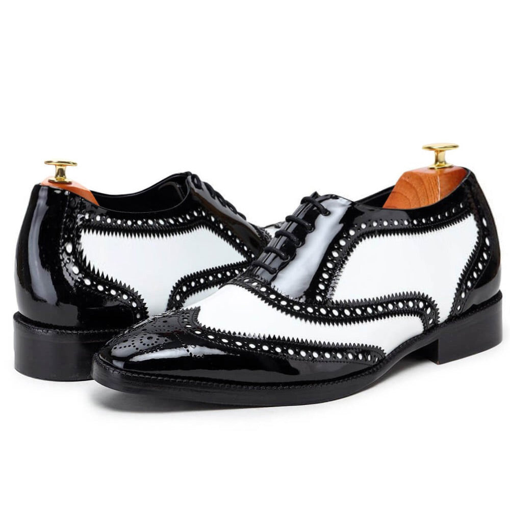 7 CM / 2.76 Inches CMR CHAMARIPA Formal Height Increasing Shoes For Men - Handcrafted Wingtip Oxford - Black & White