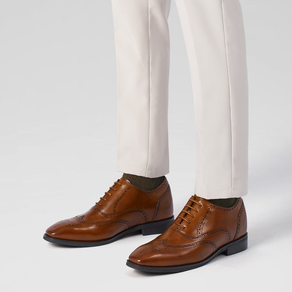6CM/2.36 Inches CMR CHAMARIPA Classic Brown Leather Wingtip Oxford Elevator Shoes
