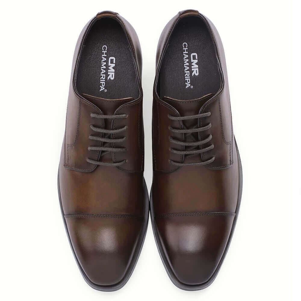 7 CM / 2.76 Inches CMR CHAMARIPA Taller Shoes - Elevator Shoes For Men - Brown Leather Derby Dress Shoes