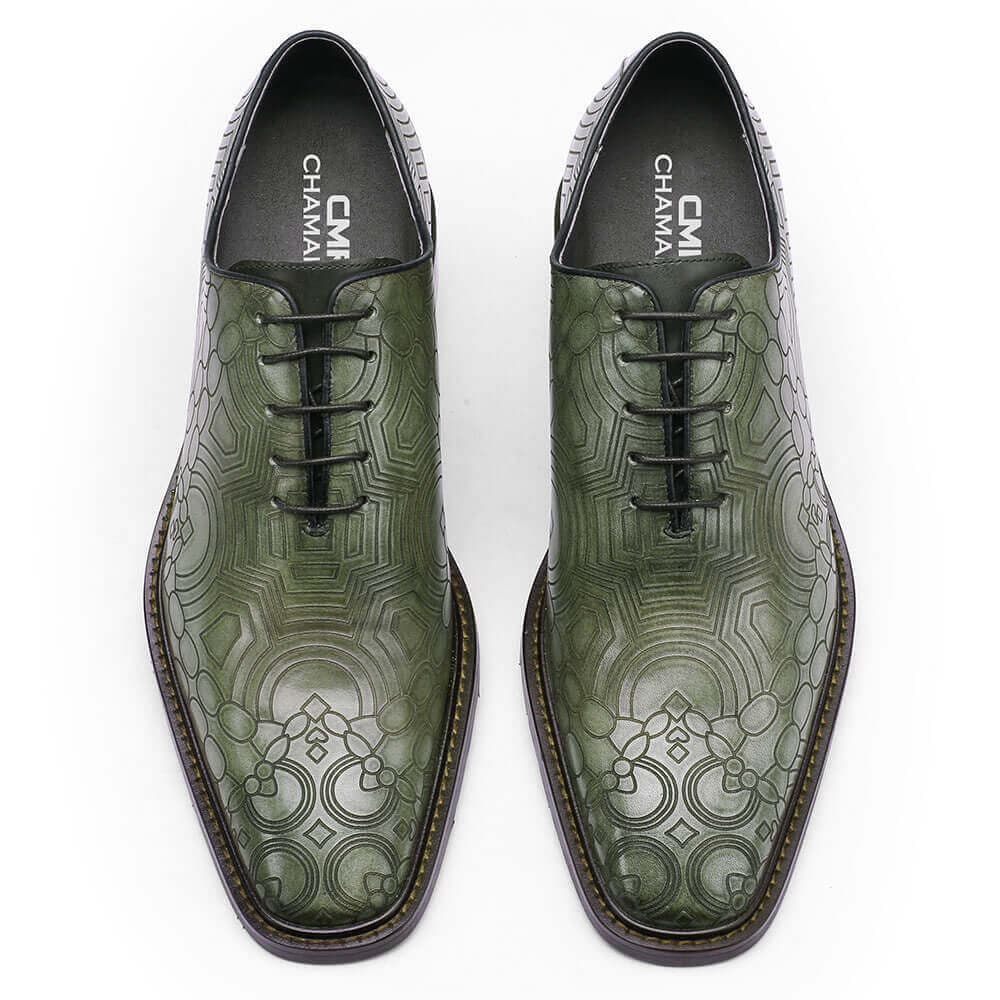 8CM / 3.15 Inches - CMR CHAMARIPA Height Increasing Shoes For Men - Green Chain Texture Print Handmade Elevator Shoes - Patina Leather Plain Oxfords