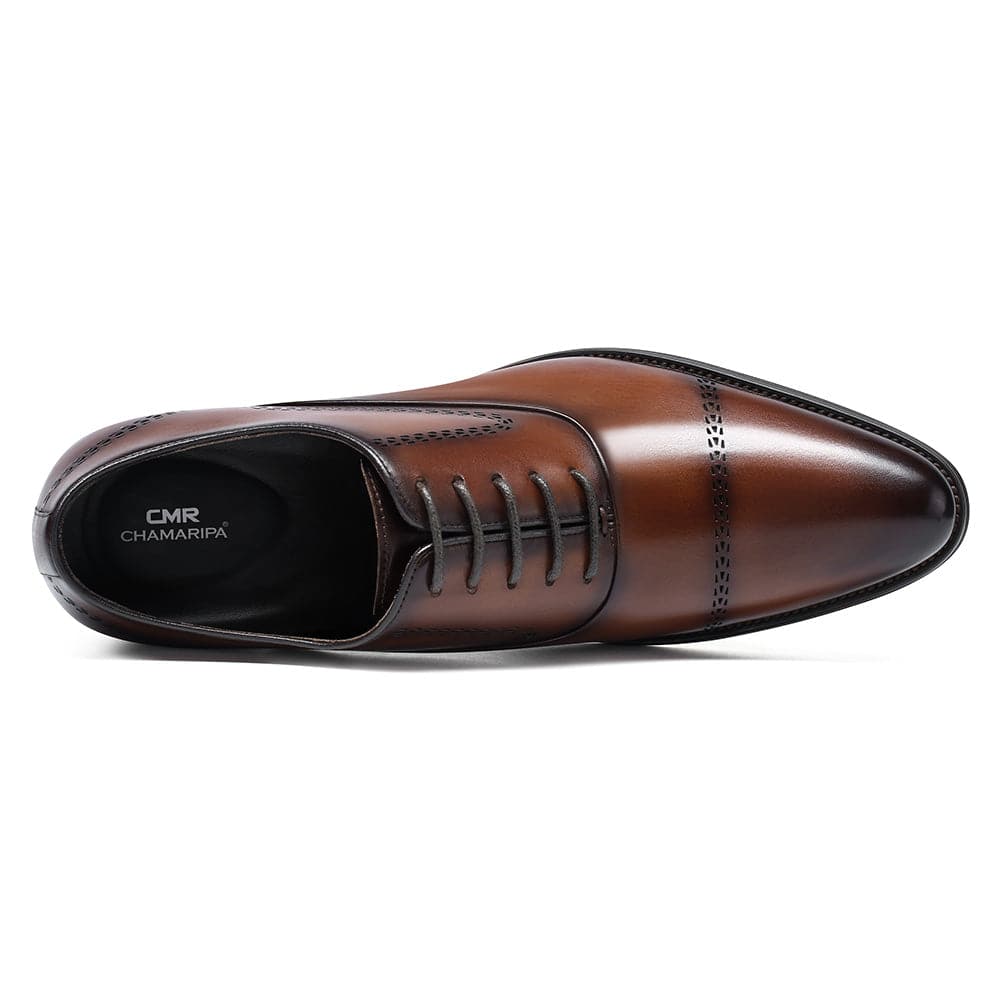8 CM / 3.15 Inches CMR CHAMARIPA Brown Leather Height Increasing Shoes for Men - Elevator Heels Oxford Shoes