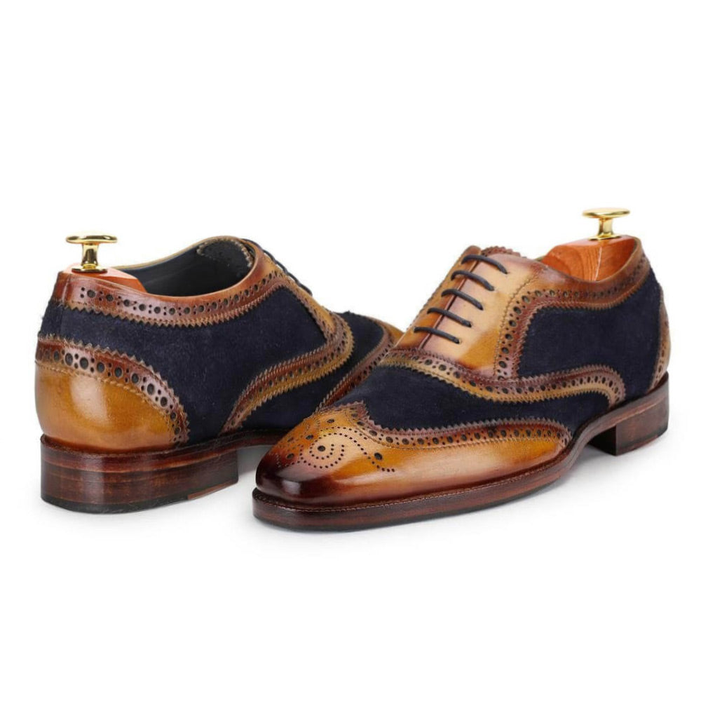 7 CM / 2.76 Inches CMR CHAMARIPA Dress Elevator Shoes For Men - Handcrafted Wingtip Brogue Oxford - Navy Suede