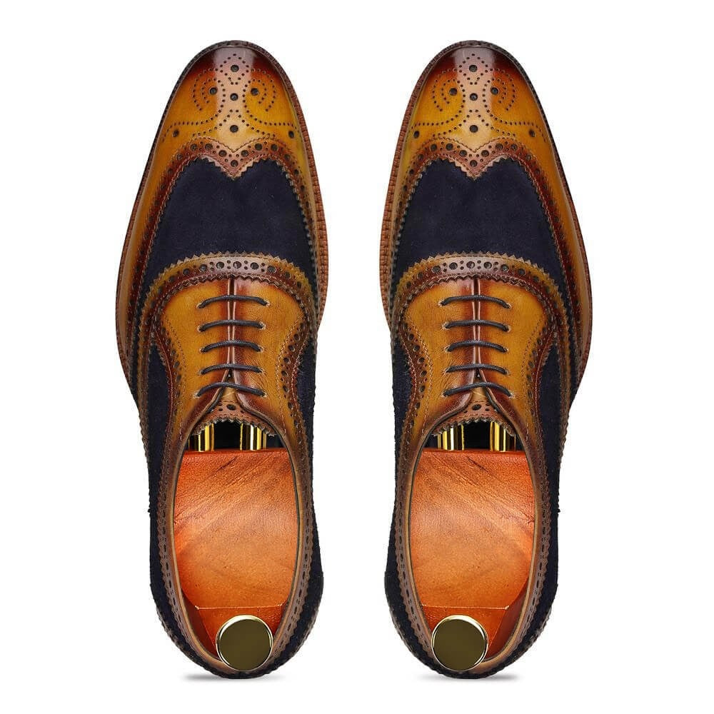 7 CM / 2.76 Inches CMR CHAMARIPA Dress Elevator Shoes For Men - Handcrafted Wingtip Brogue Oxford - Navy Suede