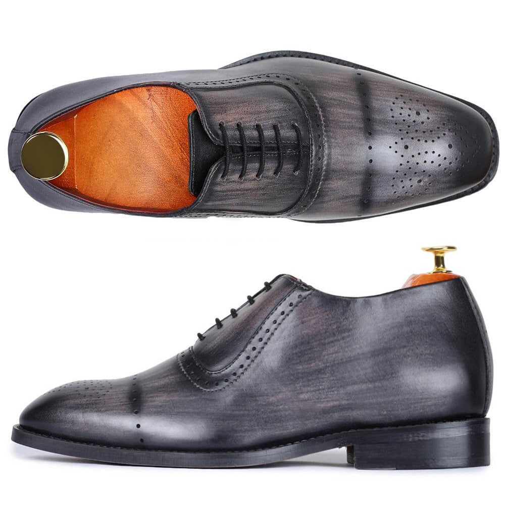 7 CM / 2.76 Inches Taller - CMR CHAMARIPA Dress Elevator Shoes - Handcrafted Medallion Toe Oxford - Gray