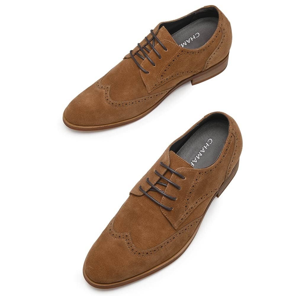 7CM /2.76 Inches CMR CHAMARIPA Elevator Shoes High Heel Men Dress Shoes Height Increasing Black Suede Wingtip Brogues