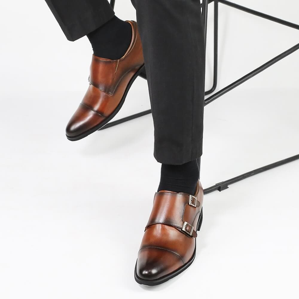 7CM / 2.76 Inches CMR CHAMARIPA Men's Height Increasing Monk Elevator Dress Shoes For Men Brown Calfskin Leather