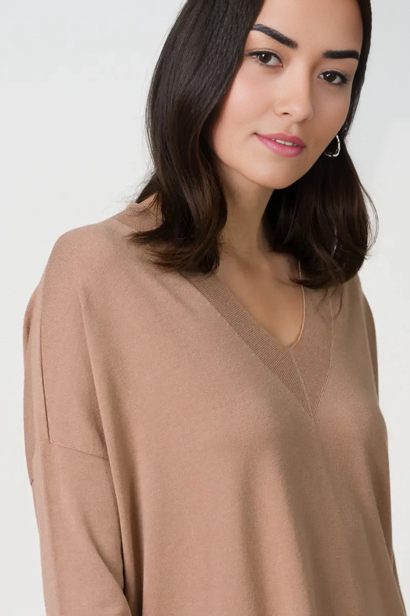 Layla V Neck Sweater | Chestnut Brown | Fine Knit