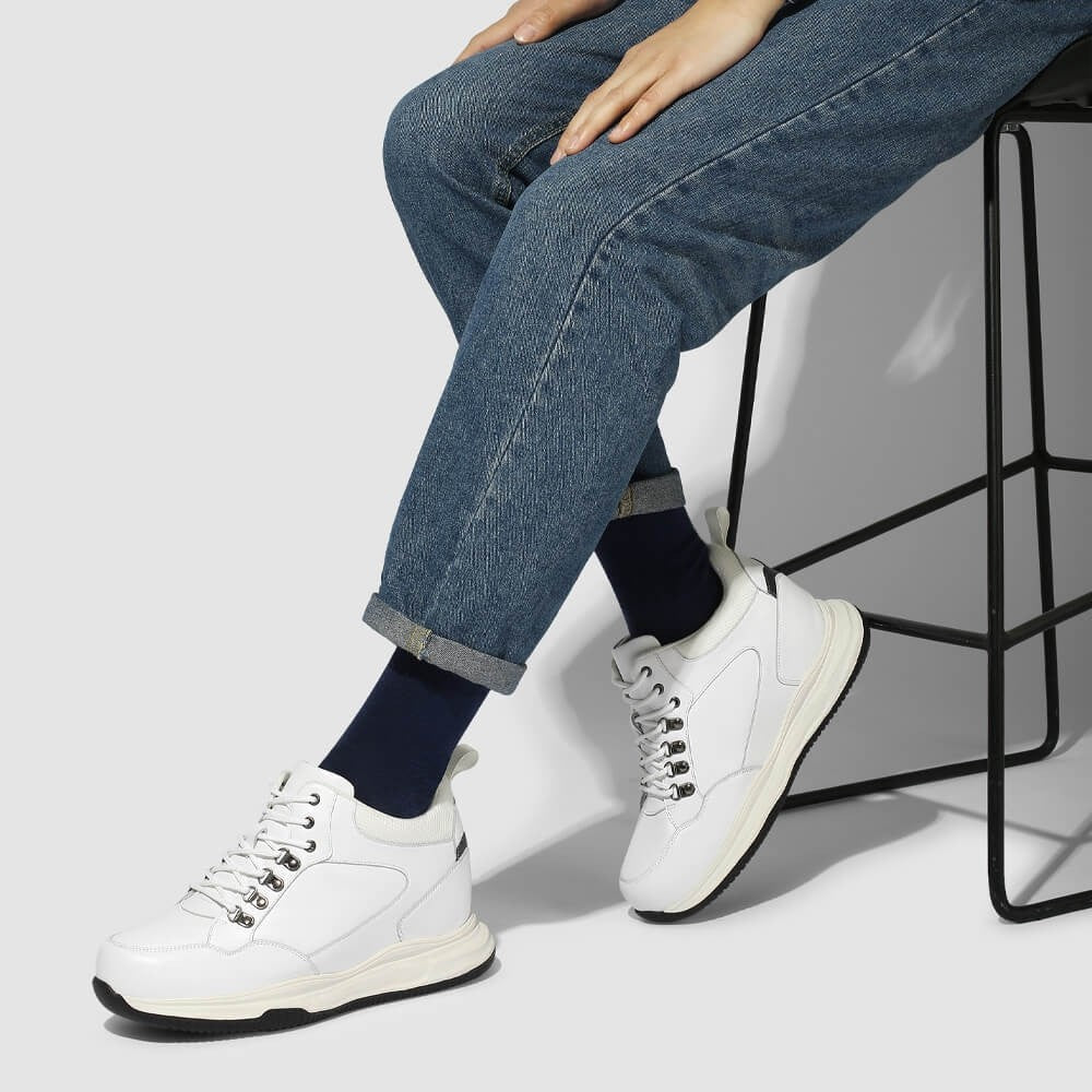 10 CM / 3.94 Inches - CMR Chamaripa Height Increase Shoes Men Elevator Sneakers Shoes White Leather Shoes
