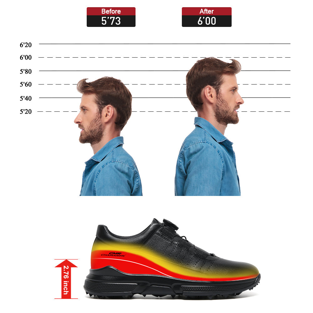 7CM / 2.76 Inches CMR CHAMARIPA Men's Shoes With Higher Heels | Black Leather Casual Sneakers