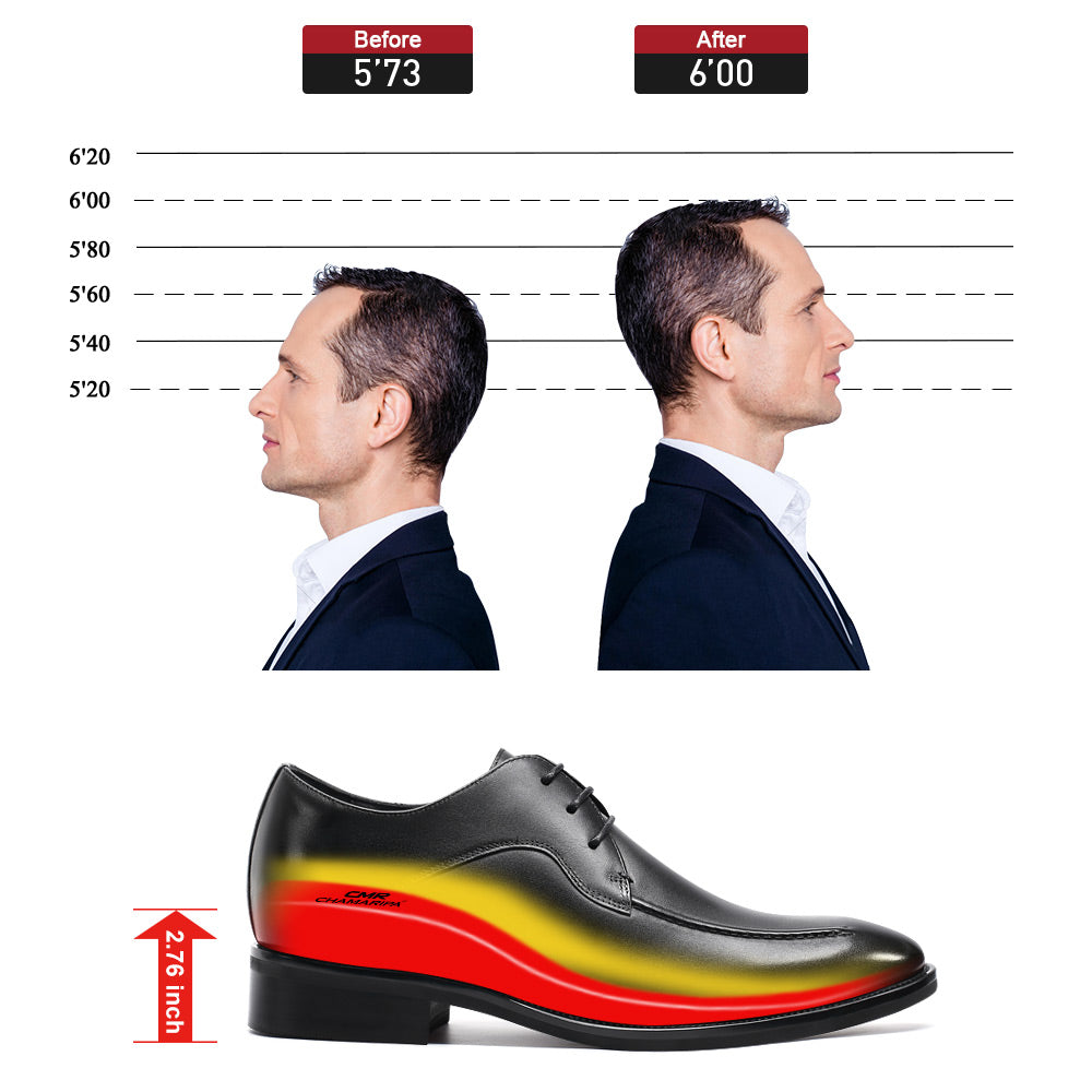 7 CM/2.76 Inches CMR CHAMARIPA Men's Elevator Dress Shoes - Black Leather Lace-Up Formal Shoes
