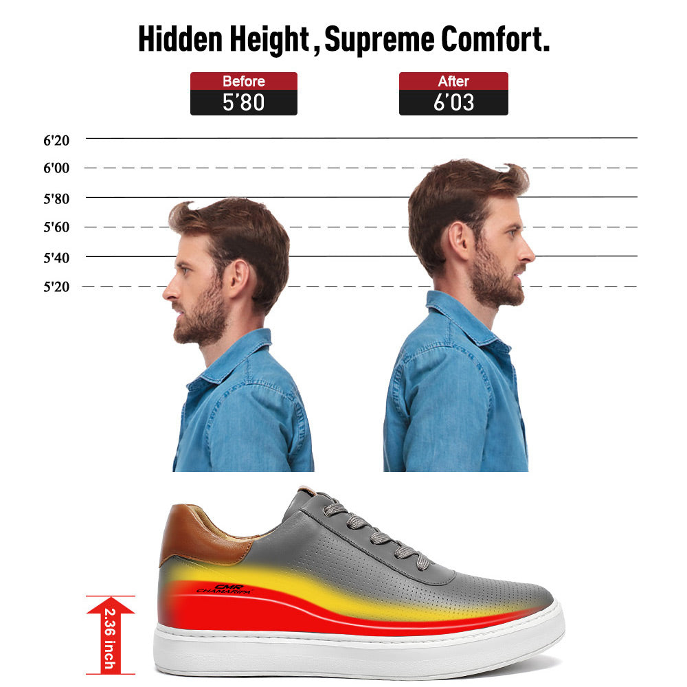 6 CM/2.36 Inches CMR CHAMARIPA Men's Height Increase Shoes – Gray Leather Elevator Sneakers