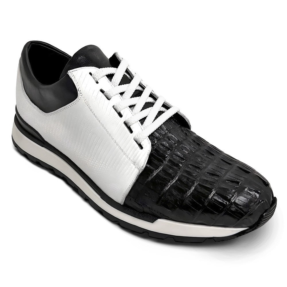 7 CM/2.76 Inches CMR CHAMARIPA Men’s Exotic Leather Elevator Sneakers - Black & White Crocodile, Lizard, and Calf Leather Casual Shoes