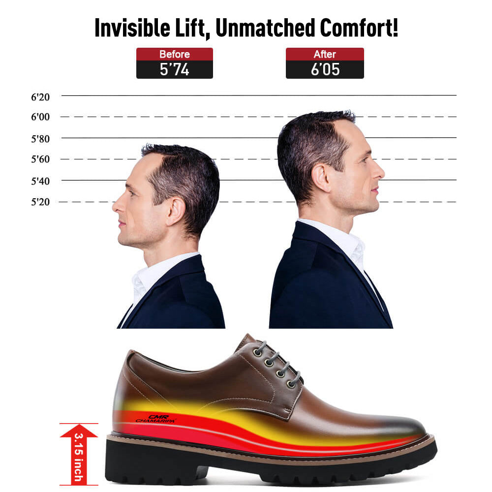 8 CM / 3.15 Inches CMR CHAMARIPA Men's Elevator Dress Shoes - Formal Height Increasing Shoes - Tan Leather Derby Shoes