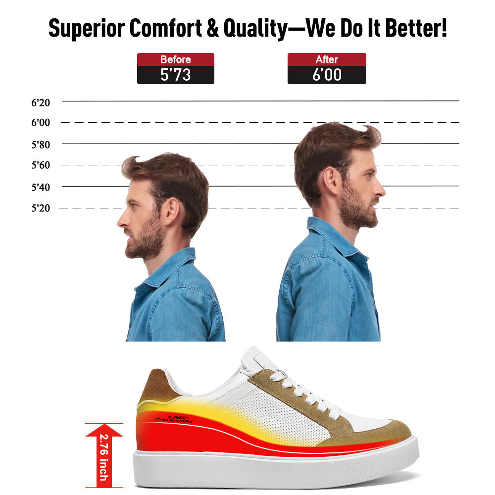 7 CM/2.76 Inches CMR CHAMARIPA CMR CHAMARIPA Men's Height-Increasing Elevator Shoes - White Leather Casual Sneakers for Instant Height Boost & Stylish Comfort