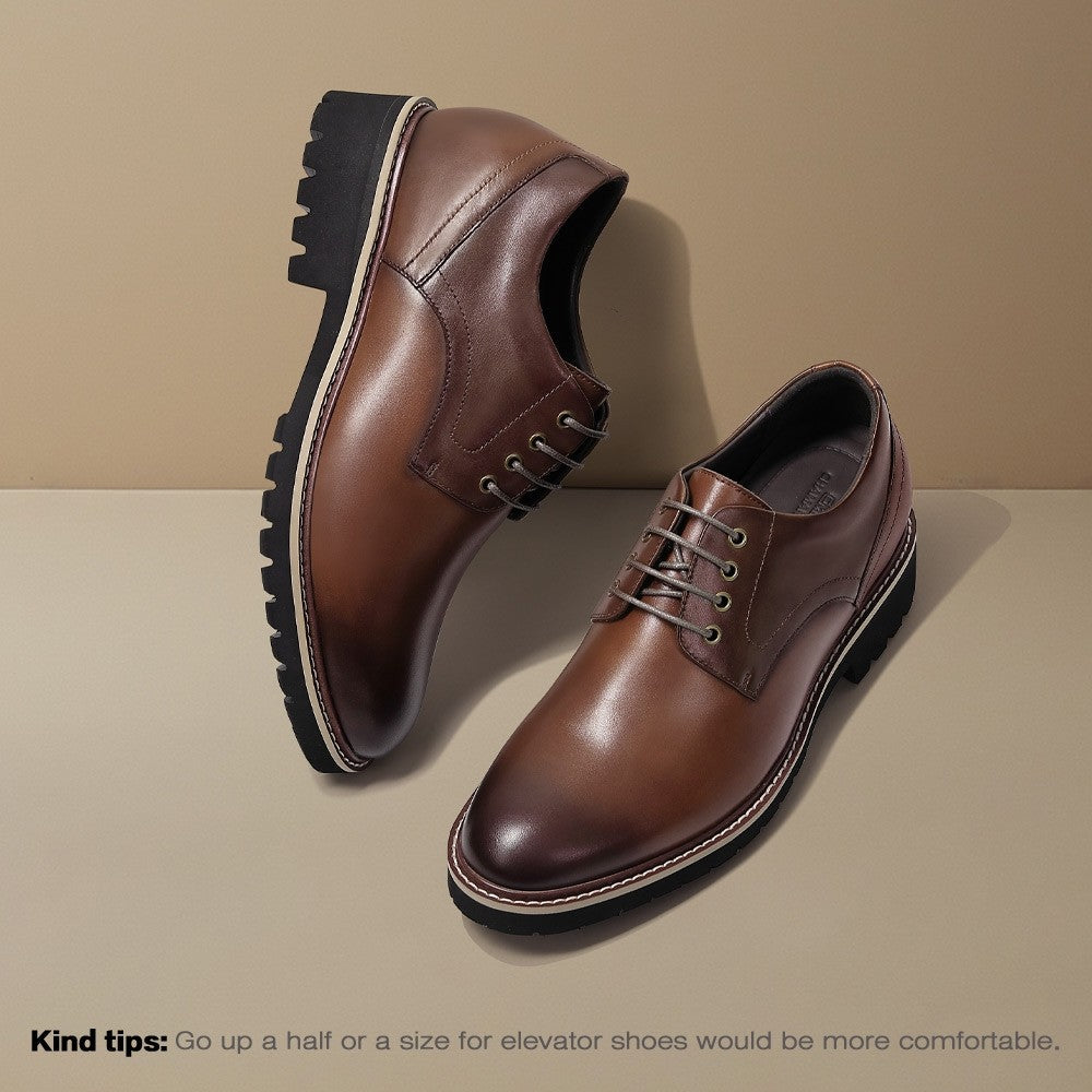 8 CM / 3.15 Inches CMR CHAMARIPA Men's Elevator Dress Shoes - Formal Height Increasing Shoes - Tan Leather Derby Shoes