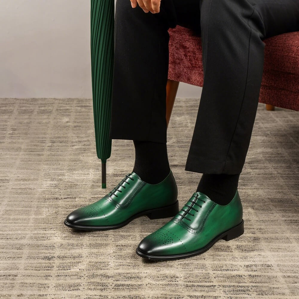 7 CM/2.76 Inches CMR CHAMARIPA Men's Formal Brogue Oxford Shoes - Emerald Green Genuine Leather, Classic Wingtip Design