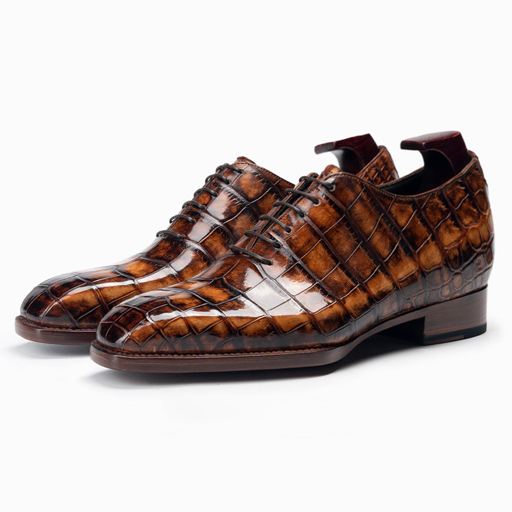 6CM / 2.36 Inches CMR CHAMARIPA Men's Elevator Formal Shoes | Brown American Crocodile Leather Oxford Shoes Fiddleback Waist