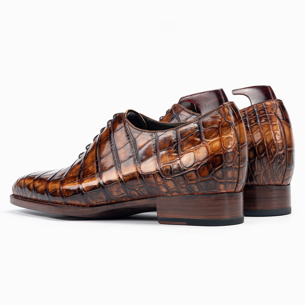 6CM / 2.36 Inches CMR CHAMARIPA Men's Elevator Formal Shoes | Brown American Crocodile Leather Oxford Shoes Fiddleback Waist