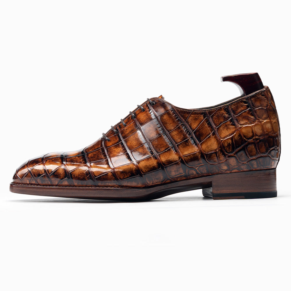 6CM / 2.36 Inches CMR CHAMARIPA Men's Elevator Formal Shoes | Brown American Crocodile Leather Oxford Shoes Fiddleback Waist