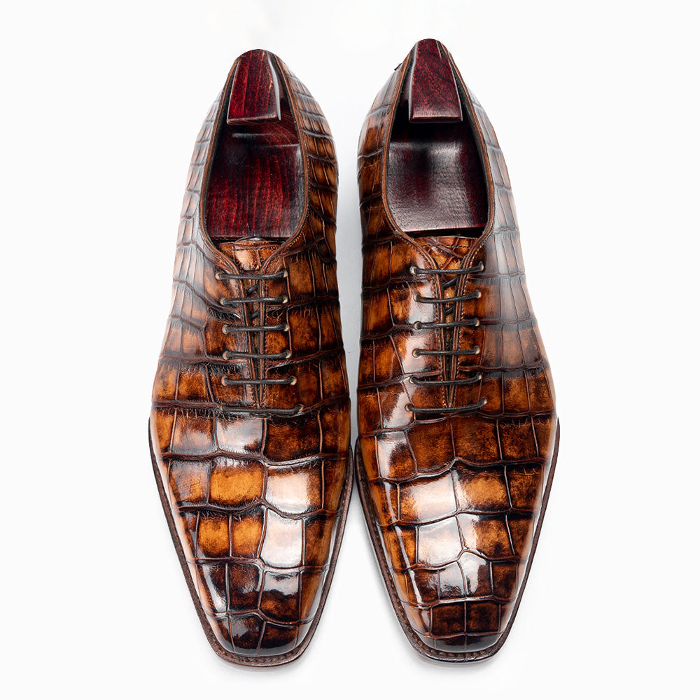 6CM / 2.36 Inches CMR CHAMARIPA Men's Elevator Formal Shoes | Brown American Crocodile Leather Oxford Shoes Fiddleback Waist