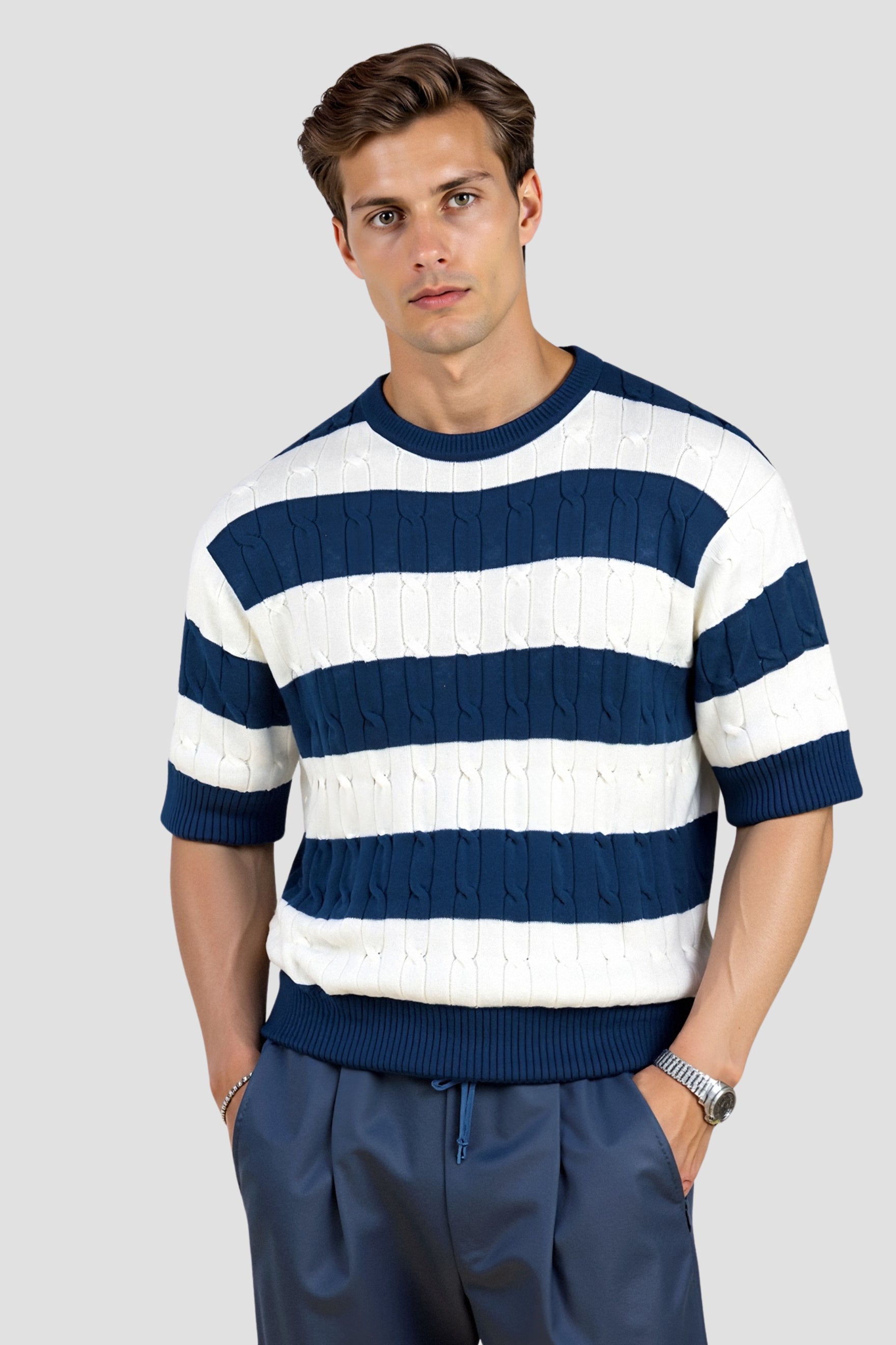 Cavallo  Crew Neck Cable Knit Striped T-Shirt