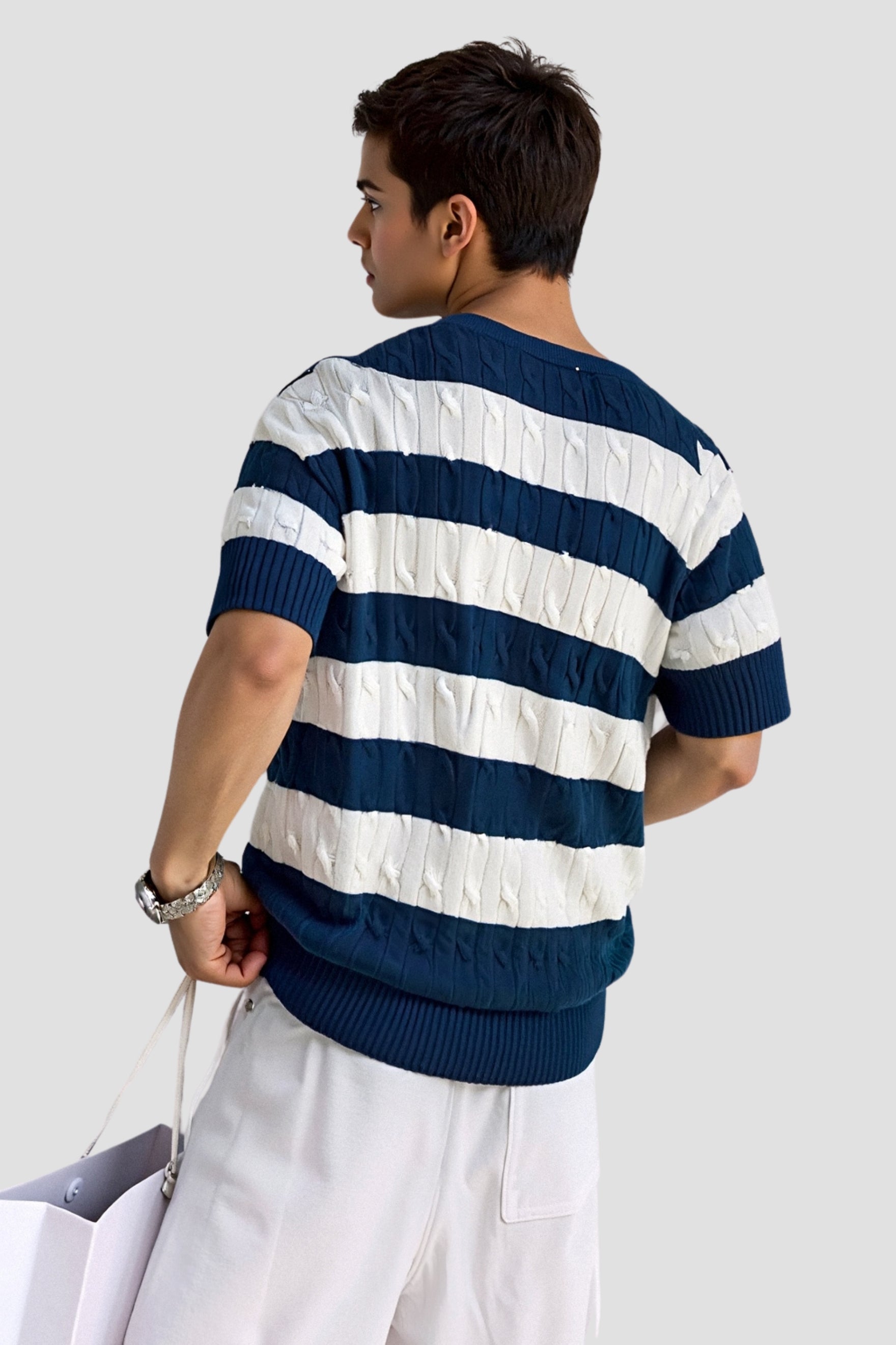 Cavallo  Crew Neck Cable Knit Striped T-Shirt