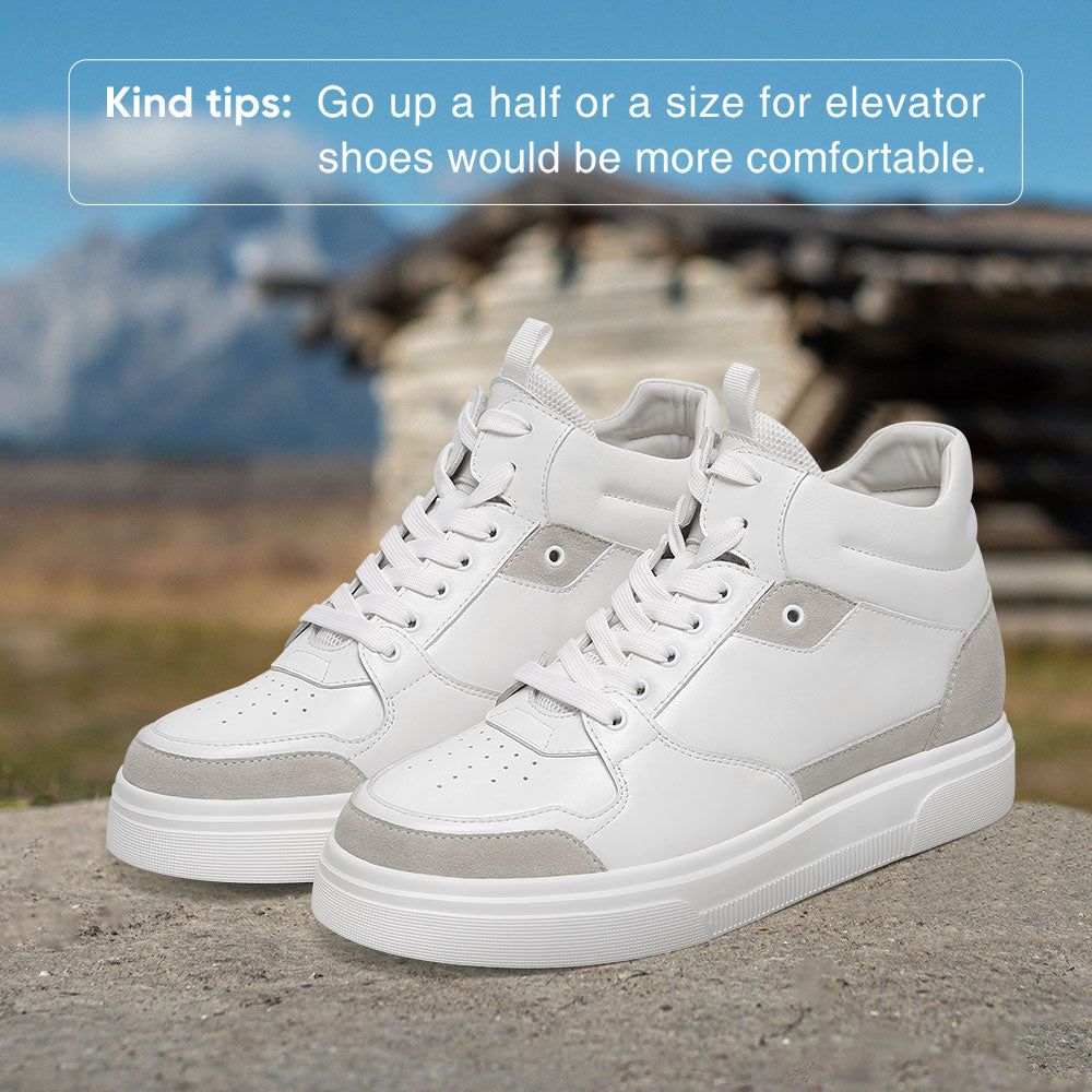 8CM / 3.15 Inches CMR CHAMARIPA Men's Shoes With Higher Heels | White Leather High-Top Sneakers